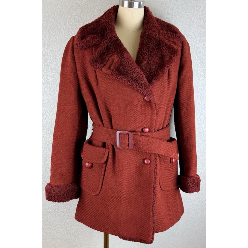 Vintage 70s Union Made in USA Women's Rust Belted Faux Fur Trimmed Coat Small